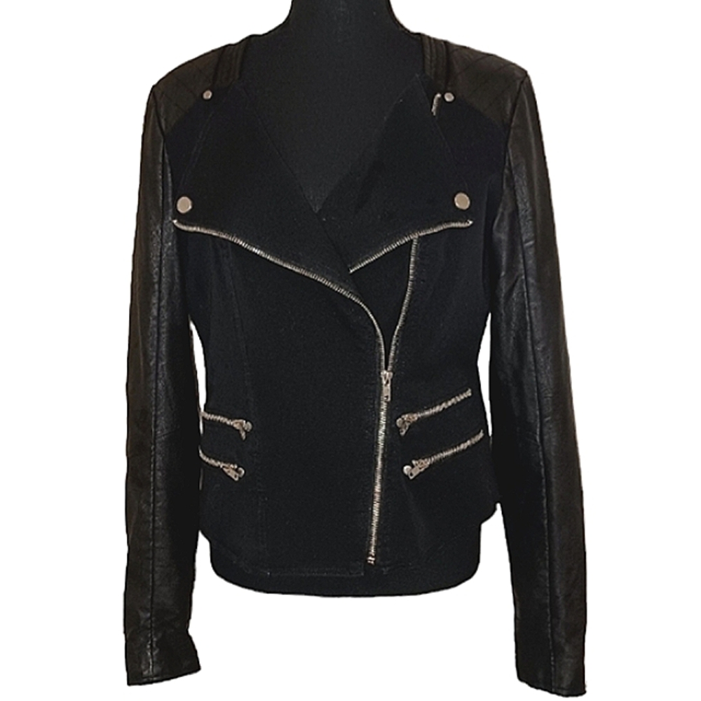 ABS Denim Mixed Media Stretch Moto Mobwife Biker Jacket Coat Wmns Sz Med Black